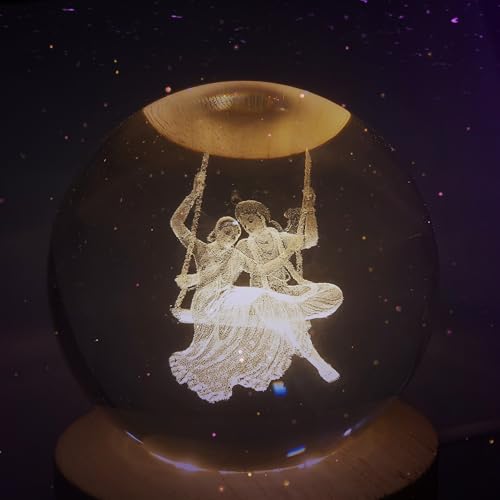 Image of 3D Radhe Krishna LED Crystal Ball USB Night Light, 6 Cm Glass Ball Night Lamp With Woodern Base, Decorations Gifts For Men & Women Meditation Or Relaxation