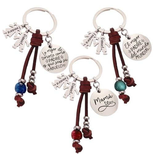 Llavero personalizado con los nombres y medalla con frase a elegir, acabados en acero inoxidable y cuero nacional. MODELO SIERRA. Regalos día del padre y madre.