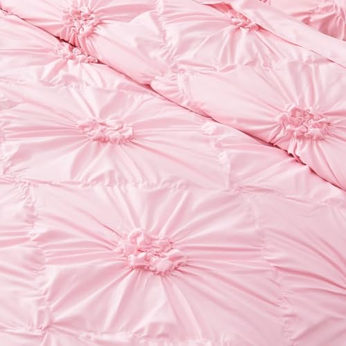 Image of Pink Comforter Set Queen Size Bed in A Bag 7 Piece Pinch Pleat Bedding Set, Pintuck Ruched Flowers Bed Set with Comforter, Sheets, Pillowcases & Shams