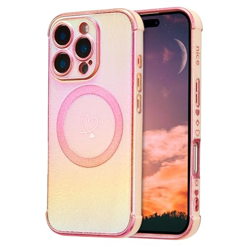 Coque magnétique iPhone 16 Pro Max de luxe avec bords plaqués dorés et motif cœurs