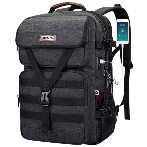 WITZMAN Travel Backpack for Men Large Canvas Laptop Backpack Fit 16 inch Carry on TSA Friendly Flight Approved Vintage Rucksack for Traveling(A8012 Black)