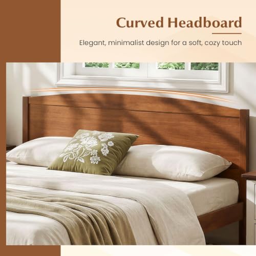 Image of GIANTEX Queen Size Wooden Bed Frame w /Curved Headboard, Wood Slat Support | Farmhouse Platform Bed w /Heavy Duty Mattress Foundation, Under-Bed Storage Space, No Box Spring Needed, Easy Assembly