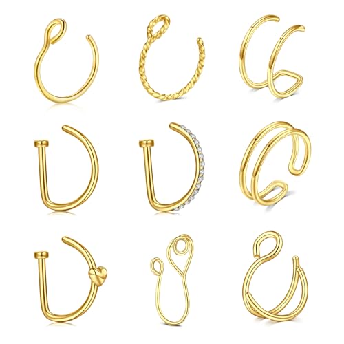 QWALIT Fake Nose Ring Gold Fake Septum Ring Hoop Silver Faux Septum Piercing Clip on Lip Ring Stick on Nose Stud Non Piercing Ear Earring Cuffs Gold Lip Cuff Non Pierced