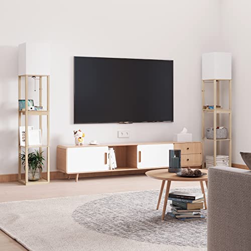 Image of SUNMORY Floor Lamp with Shelves,Modern Dimmable Wood Standing Lamp with 1 Drawer and 2 USB Ports & 2 Power Outlet,Corner Tall Bookshelf Lamp for Living Room and Bedroom(Wood Color)