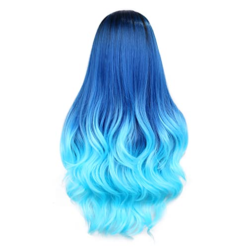 Hanne Long Hair Body Wave Ombre Bluish Teal Blue Wigs For Black And White Women 3 Tone Colors Middle Part Heat Resistant Navy Blue Wig Synthetic Hair Wigs (Ombre Blue) #TOP4