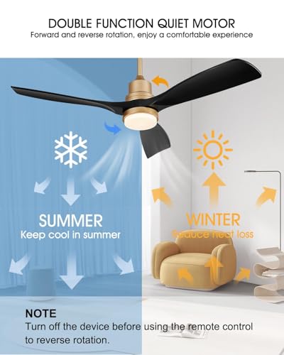 Image of 52 inch Modern Black and Gold Ceiling Fan with Light and Remote, 3 Wood Blade