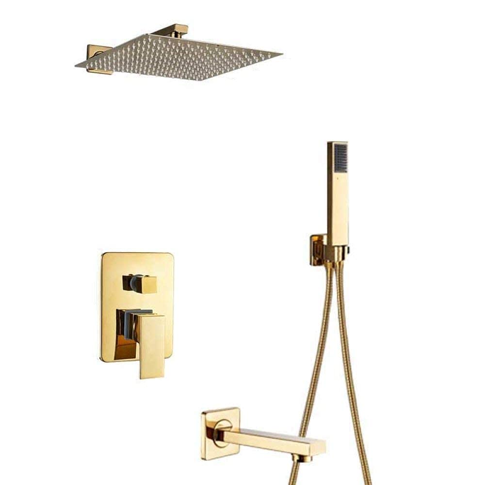 Ensemble de douche carré effet pluie doré avec robinet de baignoire encastrable