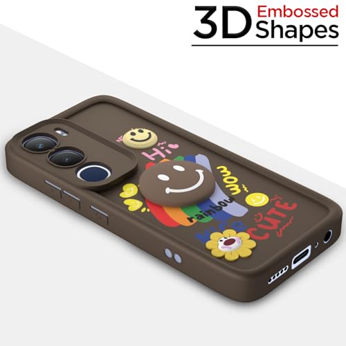 Image of Pikkme Back Cover for Vivo Y29 5G / Vivo Y19s | Soft Silicone| Cute Rainbow Smile & 3D Cartoon Flower Design | Shockproof Raised Camera Protection Bumper Case (Brown)