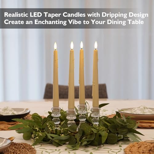 Image of Rhytsing 9.6 inches Natural White Flameless Taper Candle with Remote, Battery Operated Led Dinner Candles with Timer, Wax Dripping Design, 8 Batteries Included - Set of 4
