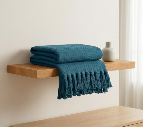 Image of Furnistitchs Bohemian Cotton Sofa Throw Blanket 50x60 inches | Waffle Knit & Chevron Pattern with Fringes | Aesthetic Decorative Couch Throw for Living Room & Bedroom (Teal)