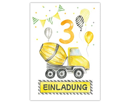Minkocards 12 Einladungskarten zum dritten Kindergeburtstag 3. Geburtstag Jungen Jungs Baustelle Einladungen zum Geburtstag Kinder bunte Geburtstagseinladungen