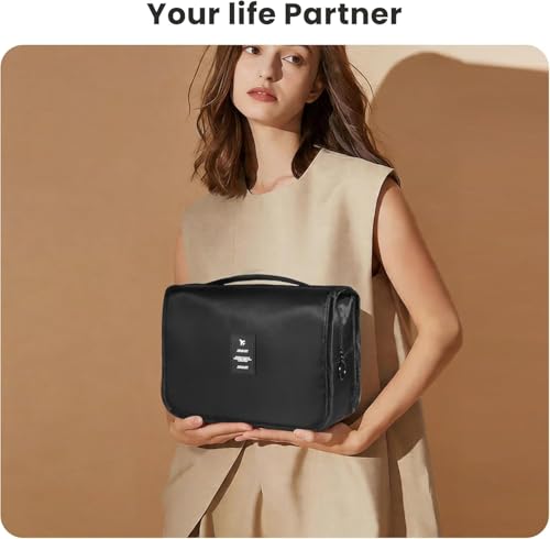 Image of Travel Toiletry Bag with Hanging Hook, Waterproof Cosmetic Organizer Pouch, Foldable Makeup Storage Case with Mesh & Transparent Compartments, Portable Travel Accessories Bag (Black Black)