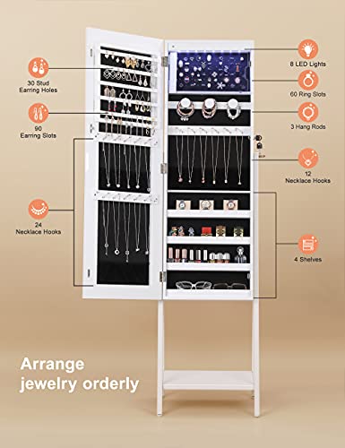 Nicetree 8 Leds Standing Jewelry Mirror Cabinet, Full Length Mirror And Jewelry Storage All In One, Superior Storage Capacity Jewelry Armoire Stand Up Mirror,White #TOP1