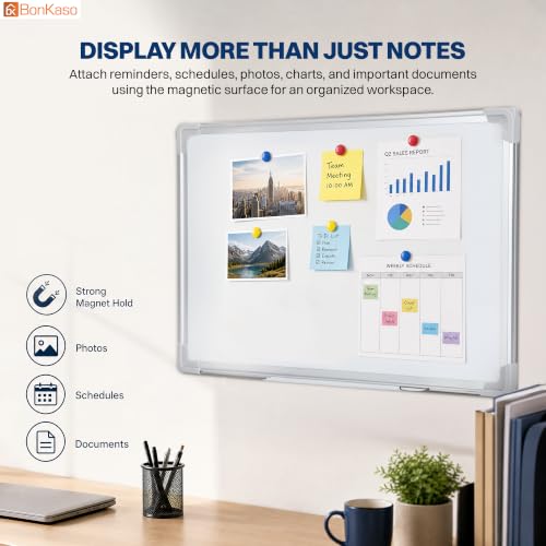 Image of Bonkaso Magnetic Dry Erase Whiteboard 90 x 60 cm with Aluminium Frame, Movable Marker Tray, 2 Markers, Eraser & 6 Magnets, Wall-Mounted Writing Board for Home Office School Classroom