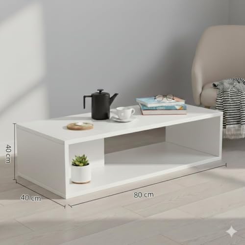 Image of FURLAY Aura Engineered Wood Coffee Table, Minimalist Matte White Coffee Table - 80cm Center Table with Asymmetrical Open Storage & Sleek Geometric Design for Living Room or Office (FWTC5-White)