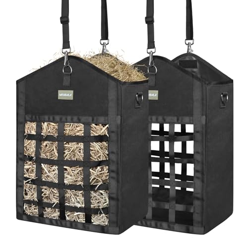 MIYABALA Hay Bags for Horses,Two-Sided Premium Oxford Slow Feed Hay Bags for Goats,Sheep,Donkey,Large Top Opening with Hook-and-Loop Seals,Easy to Hang with Adjustable Strap (Black, Large 2 Packs)
