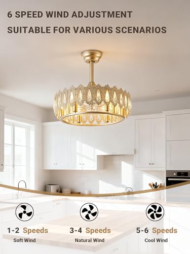 Image of 20 inch Gold Crystal Fandelier Ceiling Fan with Light Caged Mid Century | Crystal Chandelier Ceiling Fans with Remote 6 Speed for Living Room Bedroom Dining Room E12*6
