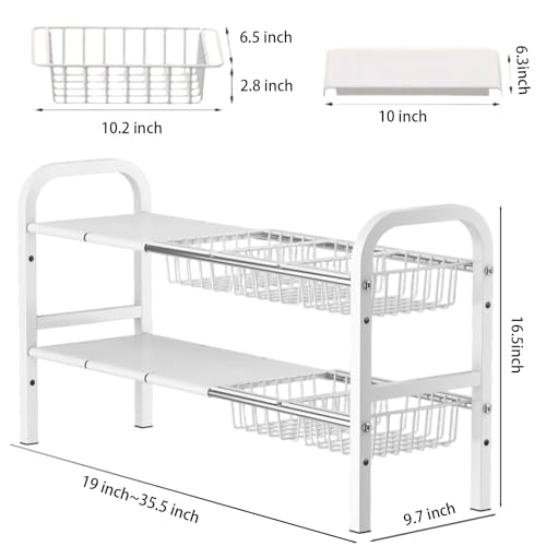 Under Sink Storage Kitchen Organiser,2 Tier Extendable Under Sink Shelf Organiser,With 5 Removable Panels And 5 Storage Basket,Stainless Steel Pipes - White - Image 6