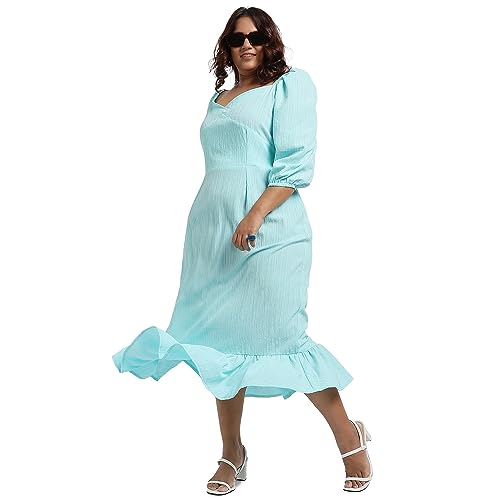Image of Instafab Plus Women's Sky Blue Ruffle Hem Dress for Casual Wear | Quarter Sleeve | Polyester Fabric | Sweetheart Dress Crafted with Comfort Fit for Everyday Wear (3XL)