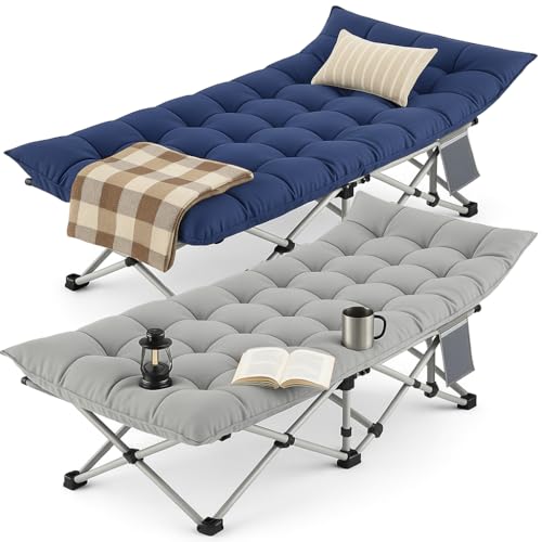 Image of Fujampe Folding Camping Cot 2 Pack, 600LBS(Max Load) Heavy Duty Sleeping Cots with Mattress, Carry Bag, 1200D Double Layer Oxford Portable Camp Cots for Home Office Outdoor (Blue+Grey, 2 Pack)