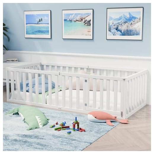 iRoll Twin Size Floor Bed for Kids, Wood Montessori Floor Beds with Guardrails & Detachable Door, Multifunctional Montessori Bed Frame with Slats for Boys Girls, Standard Size, Easy Assemble, White