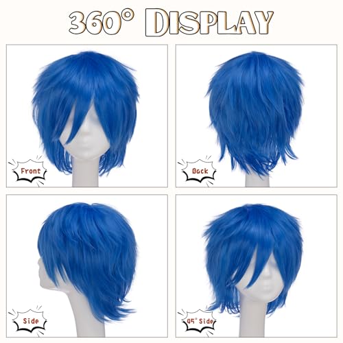 Image of S-noilite Blue Joy Wig Short Pixie Cosplay Wigs With Bangs Fluffy Heat Resistant Synthetic Hair Wigs for Halloween Anime Party Unisex Men Womens Costume Wig
