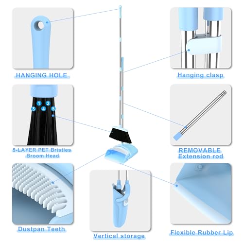 Image of BSKLIN Broom and Dustpan Set for Home, 52 inch Long Handle Broom Set with Dustpan Teeth to Clean Hair Sweeping Indoor and Outdoor (Blue)