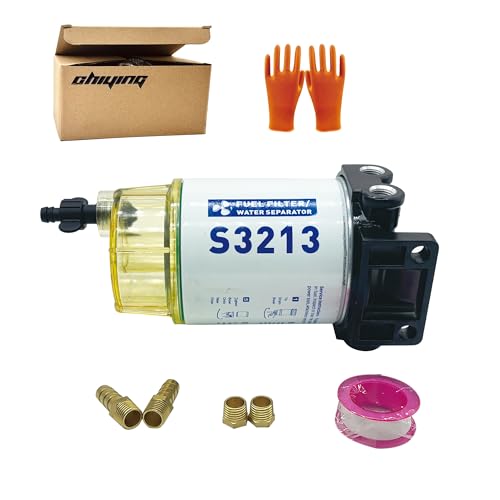 CHIYING S3213 Fuel Water Separator Marine Kit 10 Micron Filter with Clear Bowl 3/8 Barb x 1/4 NPT Brass Fittings Compatible with Yamaha Mercury Racor Sierra Suzuki Outboard Replaces 35-60494-1