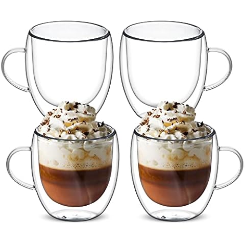 Set of 4 Double Walled Glass Mug Set, Heat Resistant Drinking Glass Coffee Mugs with Handle, Insulated Layer Coffee Cups, Clear Glass Mugs for Latte, Cappuccinos, Tea, Juice, Hot/Cold Drinks (250ml) Cover