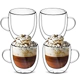 set di 4 tazze in vetro a doppia parete, resistenti al calore, con manico, tazze da caffè isolate, tazze da caffè, in vetro trasparente, per latte, succhi di frutta, bevande calde/fredde (250 ml)