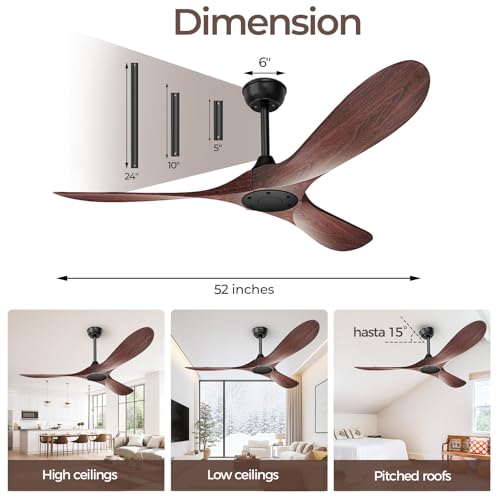 Image of Obabala 52 Inch Ceiling Fan Without Lights, Walnut Finish | Outdoor Ceiling Fan with Remote, 6-Speed Adjustable Reversible DC Motor for Patio & Living Room