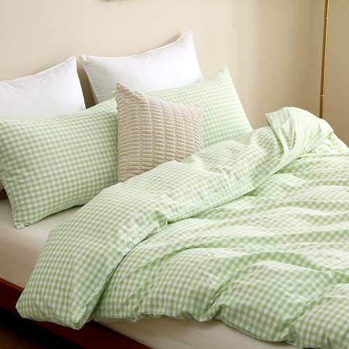 Image of TOCOMOA Plie Green Gingham Duvet Cover Bedding Set 100% Washed Cotton Like Linen Feel Super Soft Comfy 3 Piece Vintage Plaid Checkered Comforter Cover Set (King 104 inchx90 inch, Comforter Not Included)