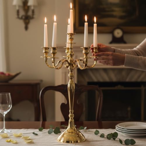 Image of Decorative Aluminum Gold Plated Five Arm Candle Holder Stand | Candelabra | Candlesticks Holder for Home & Hall Decore (14 inch * 14 inch * 24 inch)(Size:Large)