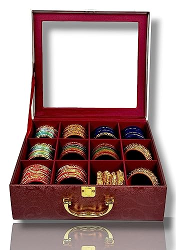 ADEENA Wooden 1 Piece 3 Rod Transparent Velvet Bangle Storage Box,Vanity Box With Handel & 2 Lock’s,(Capacity More Than 300+ Bangle’s) S6
