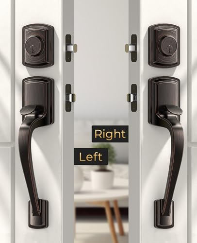 Image of Front Door Handle and Deadbolt Set for Right & Left, Front Door Lock Set with Single Cylinder Deadbolt, Entry Doors Locksets with Modern Exterior Handle, Reversible Lever, Oil Rubbed Bronze