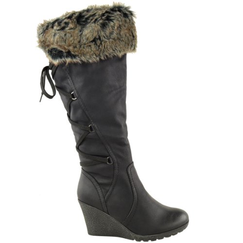 Fashion Thirsty Womens Faux Fur Lined Mid Wedge High Heel Warm Winter Knee Calf High Boots Size 9 #TOP1