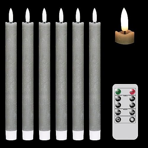 GenSwin Flameless Grey Taper Candles Flickering with 10-Key Remote, Battery Operated Led Warm 3D Wick Light Window Candles Real Wax Pack of 6, Christmas Home Wedding Decor(0.78 X 9.64 Inch)