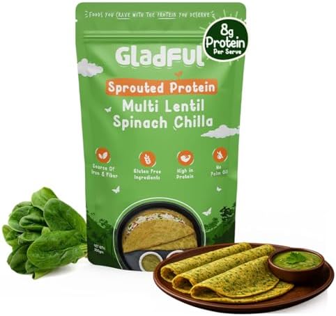 Gladful Sprouted Protein Spinach Instant Chilla Mix | Diabetes-friendly | No Maida, No Palm Oil, Gluten Free, High Protein & Fiber-Rich Food, 200 g (Pack of 1)