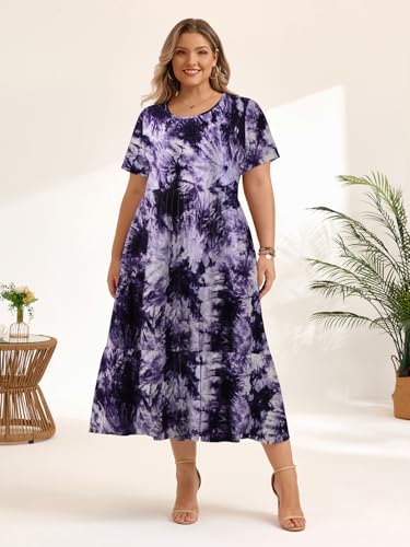 Image of LARACE Plus Size Dresses for Women Summer Casual Short Sleeve Long Dress Flowy Maxi Beach Dresses with Pockets L-6XL