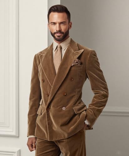 VENNYNG Men's Velvet Suit Double Breasted Lapel 2 Piece Tuxedo Prom Suit for Man Christmas Prom Dinner2