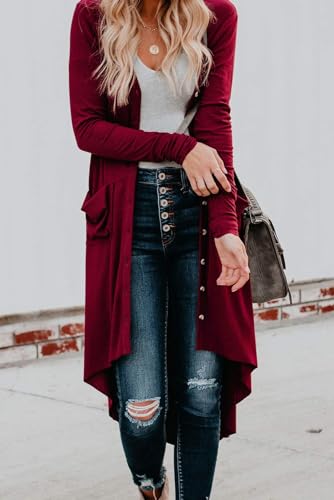 Image of Alaster Queen Women's Open Front Cardigan Button Down High Low Hem Knitted Cardigan Outwear with Pockets