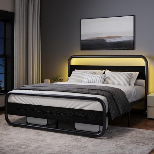 Image of Full Size Bed Frame, Wood Headboard and Footboard, LED Lights, Black | Metal Platform with Heavy Duty Metal Slats Support /12 in Under-Bed Storage /Noise-Free /No Box Spring Needed /Easy Assembly