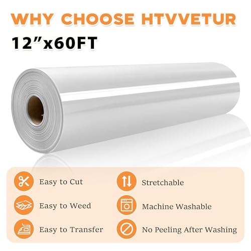 Image of HTVVETUR Iron on Vinyl 12Inch by 60ft Heat Transfer Vinyl for T-Shirt HTV Rolls for All Cutter Machine - Easy to Cut & Weed (White-60ft)