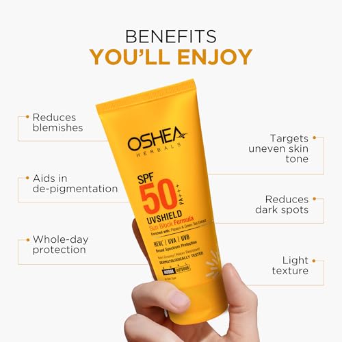 Image of Oshea Herbals UVShield Sunscreen Spf 50 PA+++ for Women & Men | Lightweight & Water Resistant | UVA & UVB Protection | Enriched with Papaya & Green Tea | All Skin Types - (Pack of 2) 120g