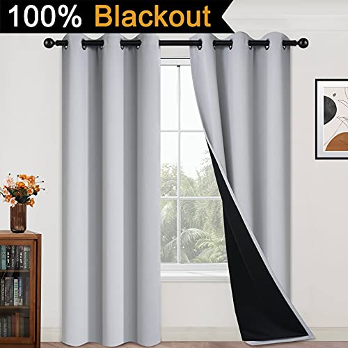 Image of Yakamok 100% Blackout Curtains for Bedroom 84 Inch Length, 2 Thick Layers Thermal Insulated Grommet Total Blackout Drapes with Black Liner for Living Room (42Wx84L,Light Grey, 2 Panels)