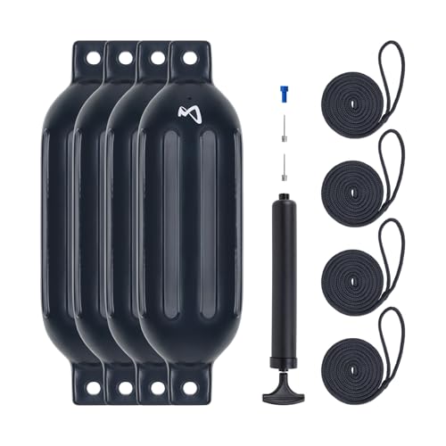 Mesle Fender Boot Dura 4er Set mit Leine & Pumpe, ø 11 cm | 40 cm lang, Langfender aufblasbar, Bootsfender, Fender Schiff Yacht Schlauchboot