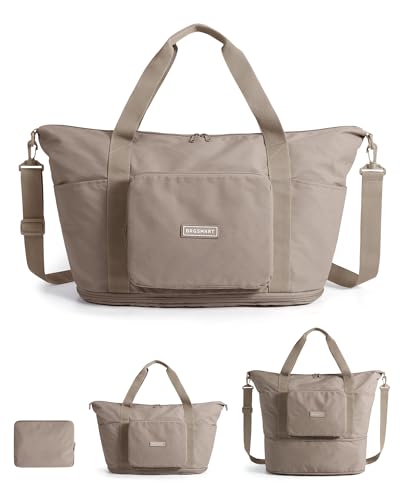 BAGSMART Foldable Travel Bag, 37L Expendable Personal Item Bag, Lightweight Weekender Bags for Women, Water Resistant Extra Carry on for Travel, Camel