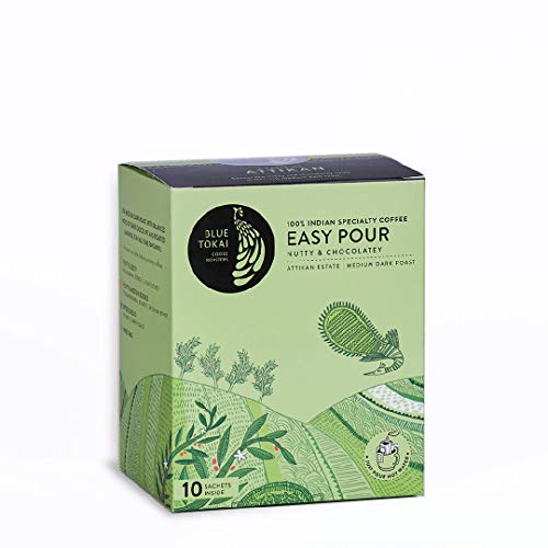 Blue Tokai Coffee Roasters Easy Pour Attikan Estate Freshly Medium Dark Roasted Arabica Specialty Coffee – Pack of 10 Sachets