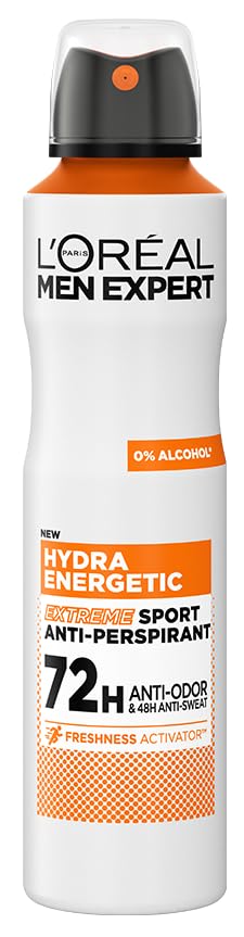 Loreal Men Expert 72H Deodorant Spray for Men Hydra Energy Extreme Sport 250ml Long Lasting Sweat and Odor Protection Cooling Effect Alcohol Free Mens Body Spray Antiperspirant for Active Lifestyle