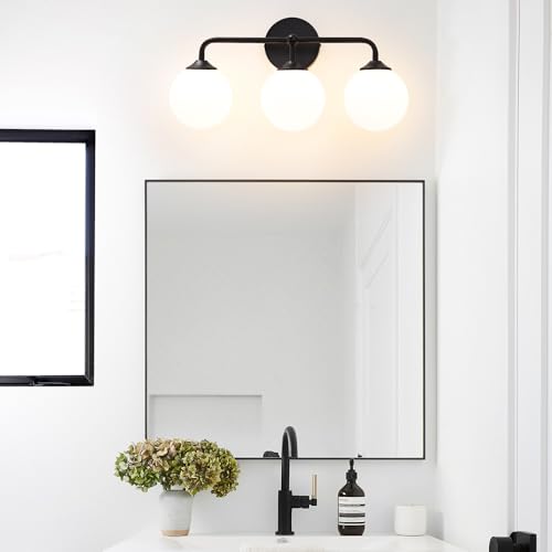 Image of Black Bathroom 3-Lights Vanity Light Fixtures, Minimalist Vanity Lights with Milky White Glass Shade, Modern Wall Sconces over Mirror, Wall Lamp for Bathroom Dressing Table Bedroom Living Room
